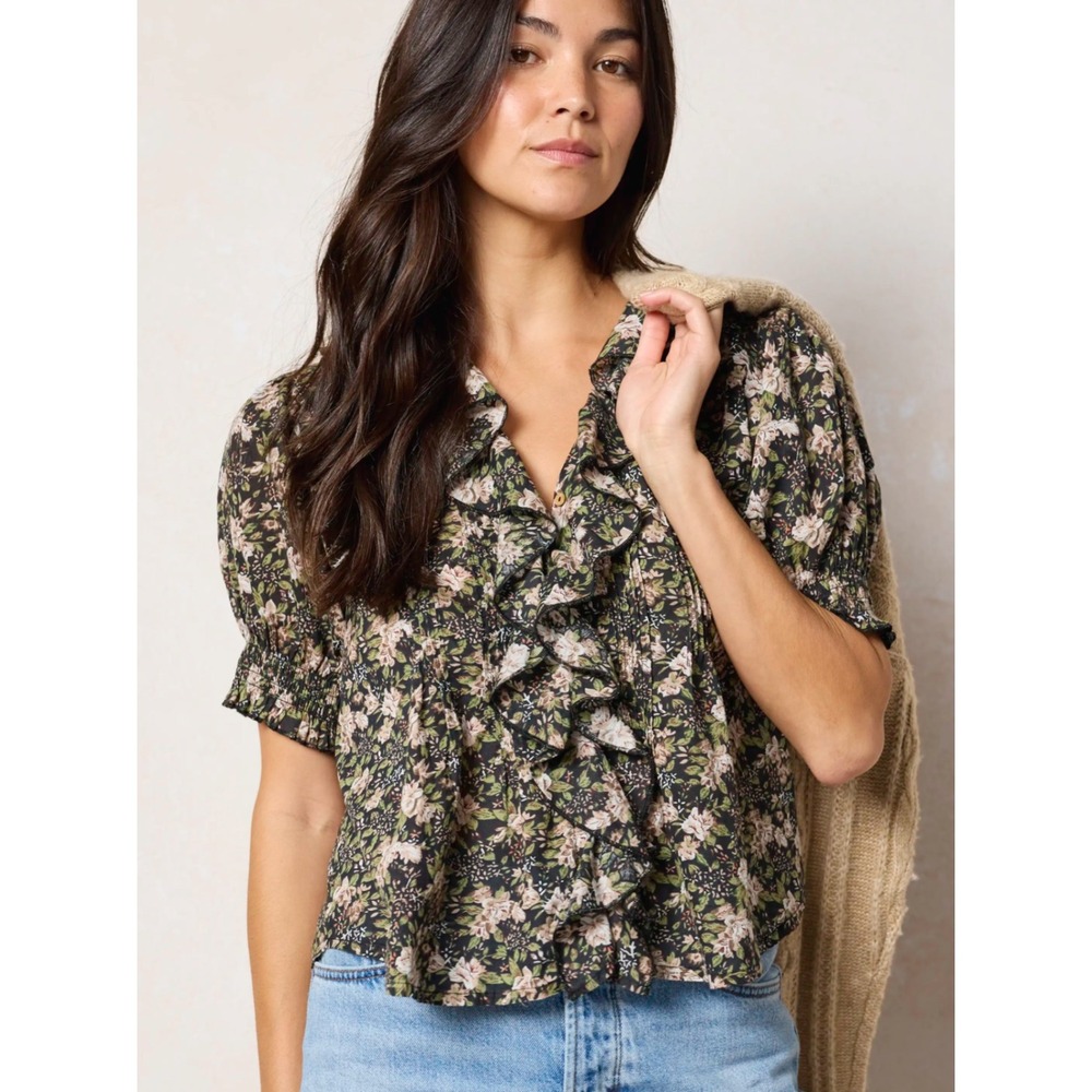 Natural Life My Favorite Cotton Top Black Flung Floral Ruffle Cotton Size XL